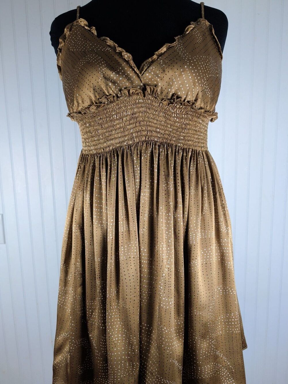 VTG BCBGMAXAZRIA 100% Silk Bronze Brown Polka Dot Smocked Babydoll Dress Large